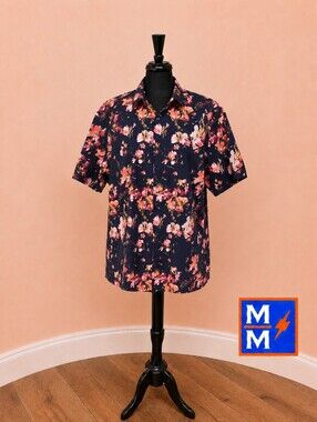 Perry Ellis Stretch Floral Button Front Shirt XXL NWT Dark Sapphire
